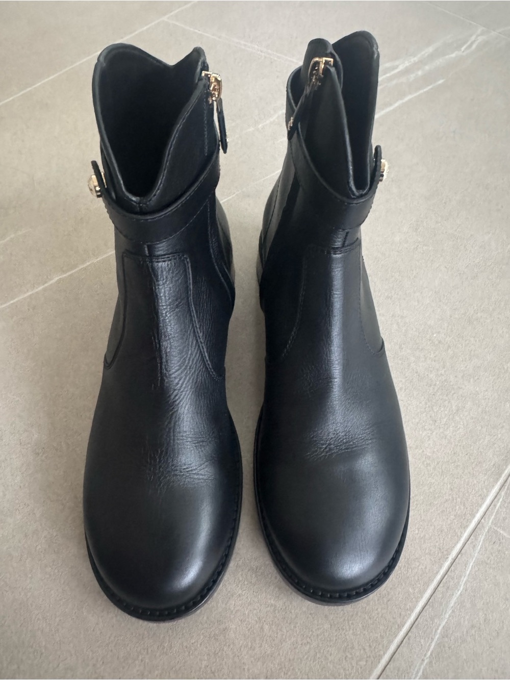 Chanel Black Leather Ankle Boots with Gold Accent